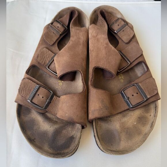 Birkenstock Men’s 11 Milano Brown Leather Slingback Double Buckle Sandals - Picture 1 of 7